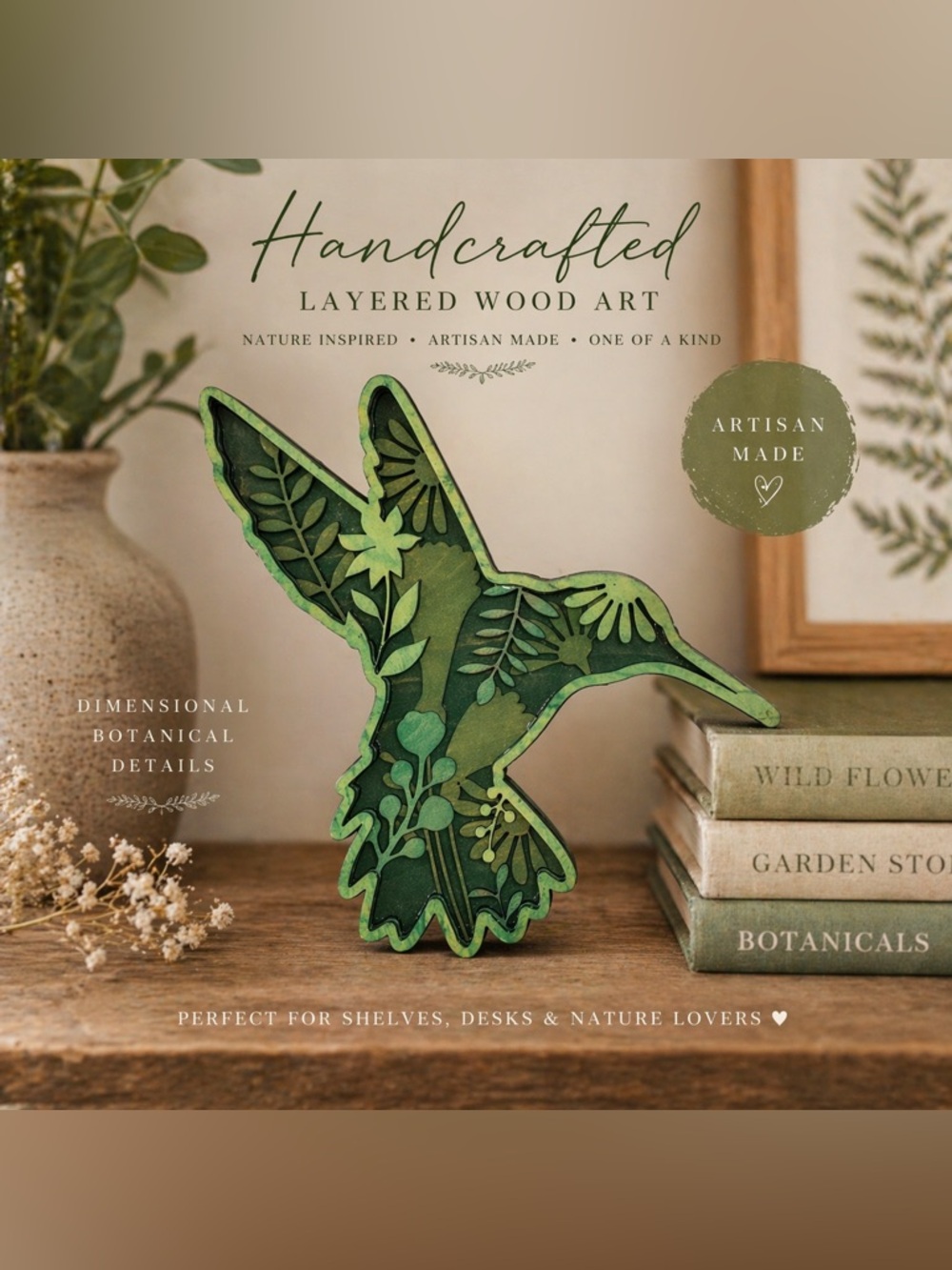 Handcrafted Layered Wood Hummingbird Art Botanical Green Decor Laser Cut Painted